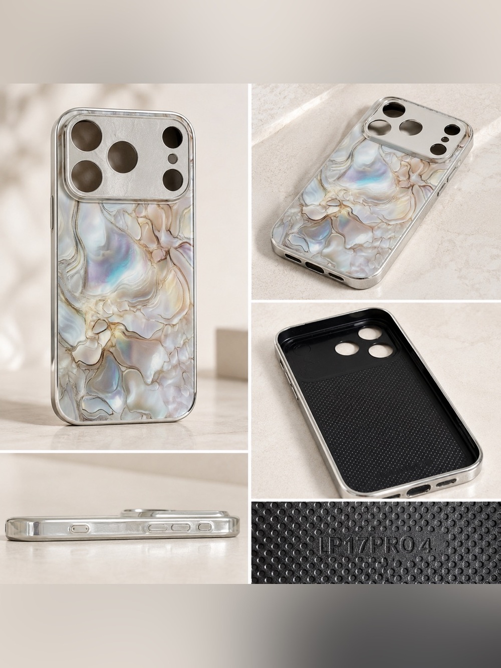 Pearl Marble iPhone 17 Pro Case Silver Camera Frame